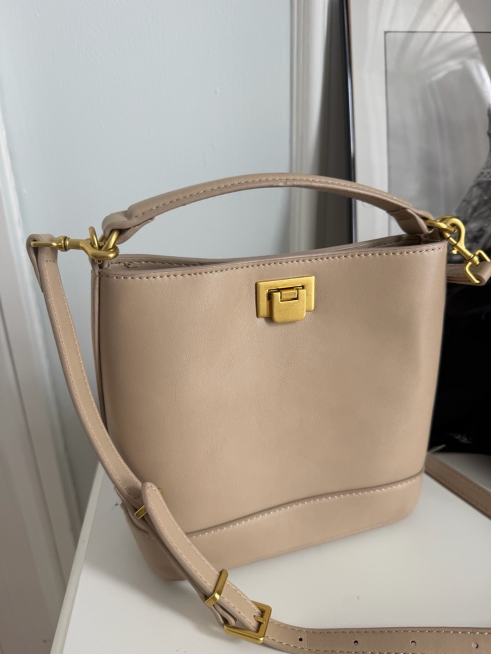 Mango Beige Leather Crossbody Bag with Gold Hardware
